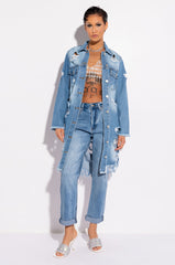 LONG DENIM JACKET WITH DISTRESSING