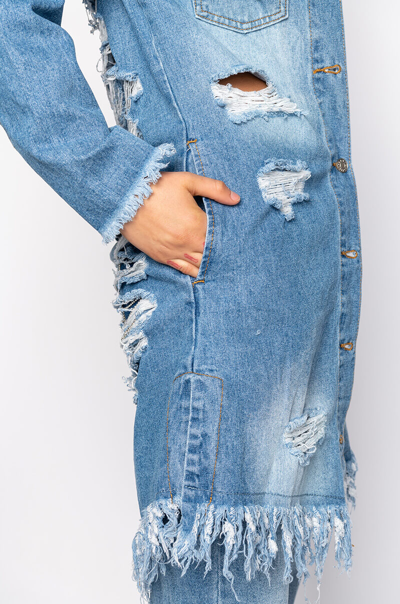 LONG DENIM JACKET WITH DISTRESSING