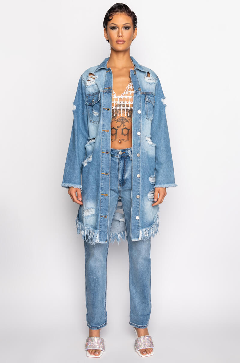 LONG DENIM JACKET WITH DISTRESSING