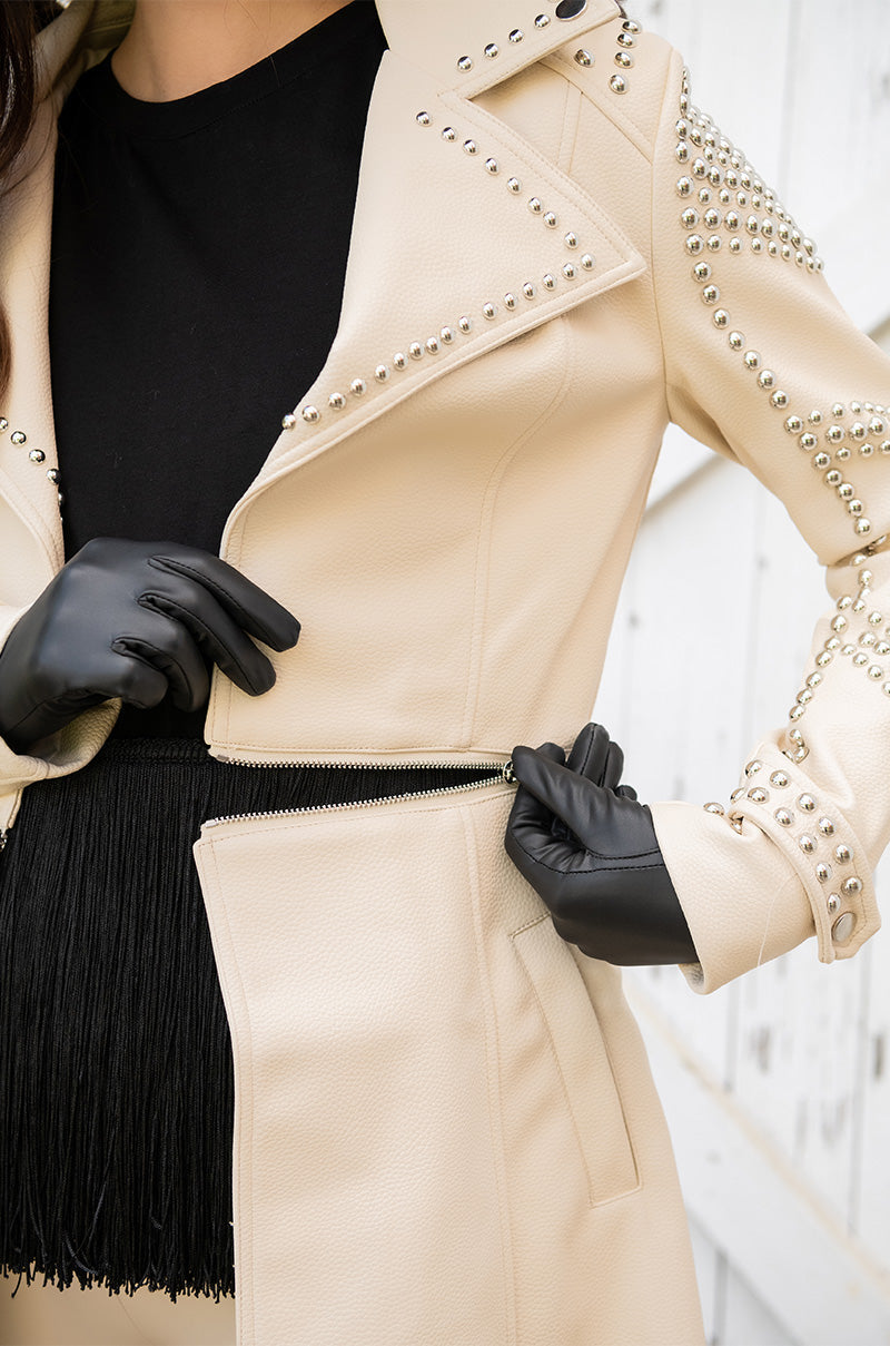 BEIGE PLEATHER TRENCH COAT WITH STUDS