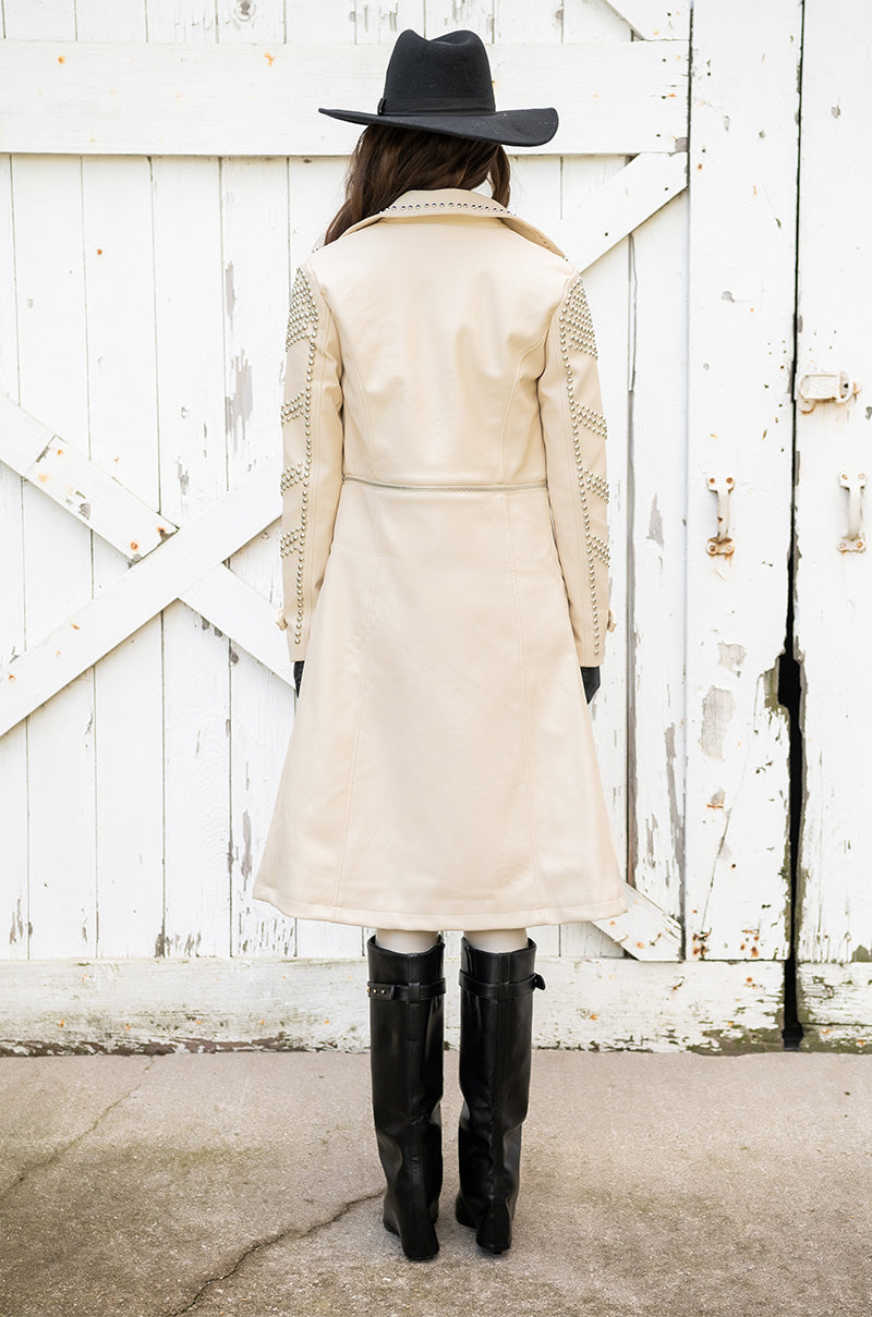BEIGE PLEATHER TRENCH COAT WITH STUDS