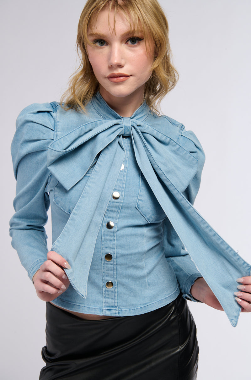 MISS INDEPENDENT DENIM LONG SLEEVE BLOUSE