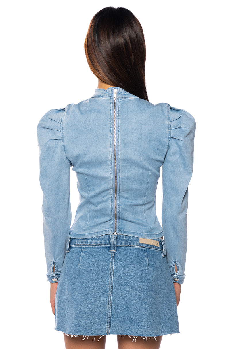 MISS INDEPENDENT DENIM LONG SLEEVE BLOUSE