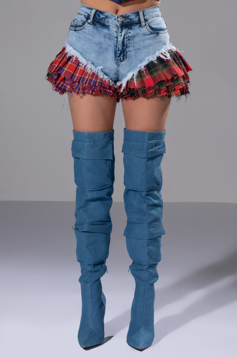 MODERN PUNK PLAID RUFFLE DENIM SHORT