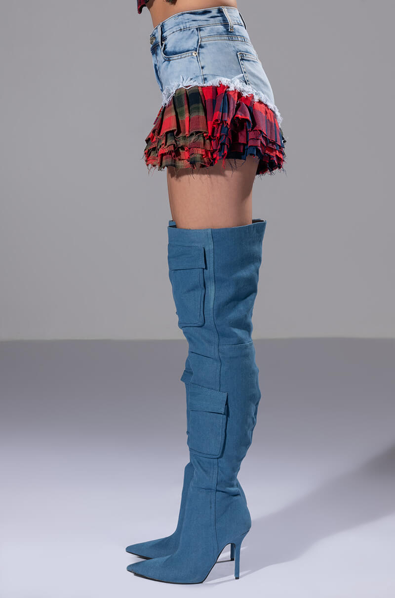 MODERN PUNK PLAID RUFFLE DENIM SHORT