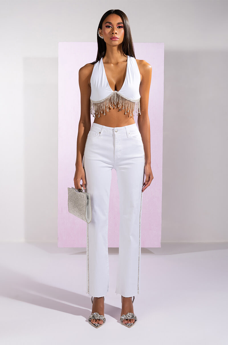 MOONWALKER RHINESTONE HIGH RISE SIDE SLIT STRAIGHT LEG JEANS