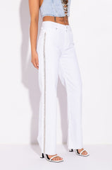 MOONWALKER RHINESTONE HIGH RISE SIDE SLIT STRAIGHT LEG JEANS