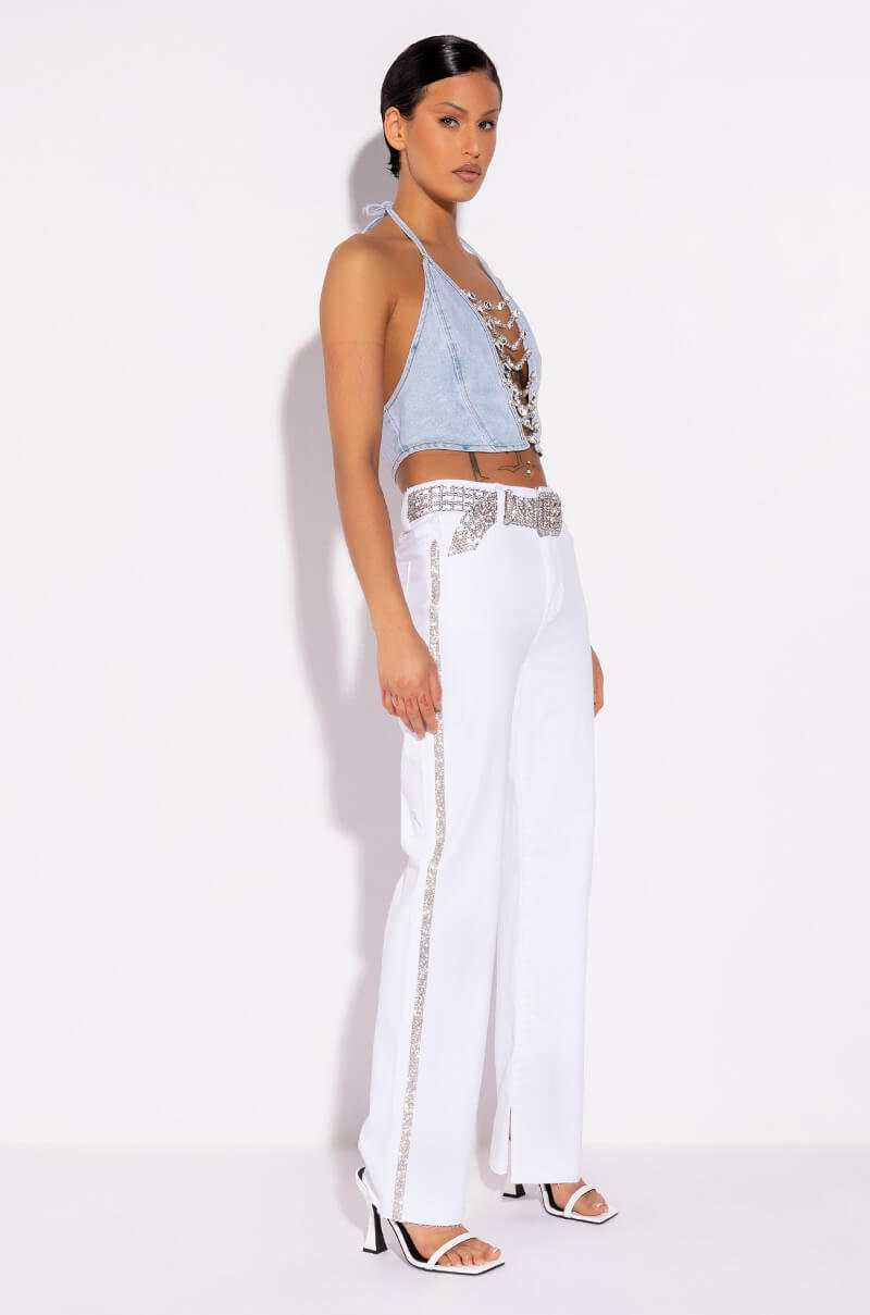 MOONWALKER RHINESTONE HIGH RISE SIDE SLIT STRAIGHT LEG JEANS