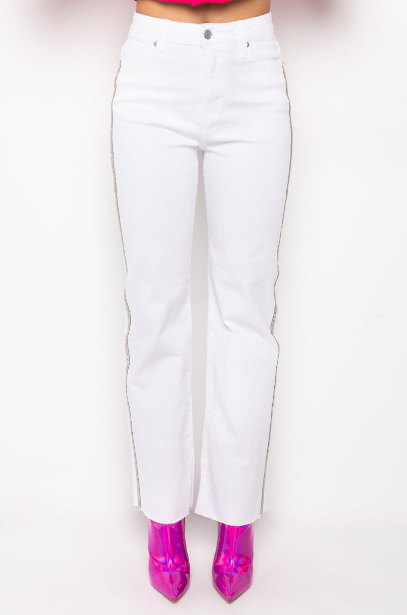 MOONWALKER RHINESTONE HIGH RISE SIDE SLIT STRAIGHT LEG JEANS