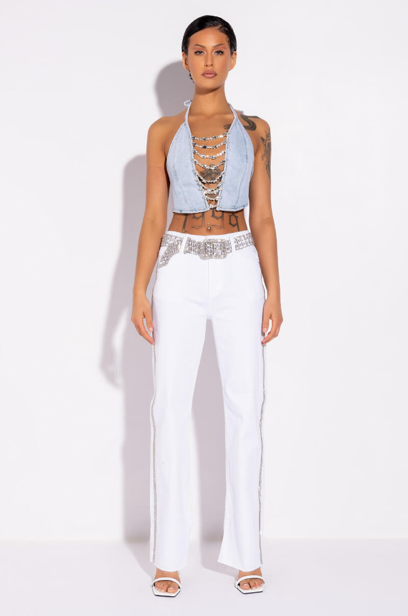 MOONWALKER RHINESTONE HIGH RISE SIDE SLIT STRAIGHT LEG JEANS