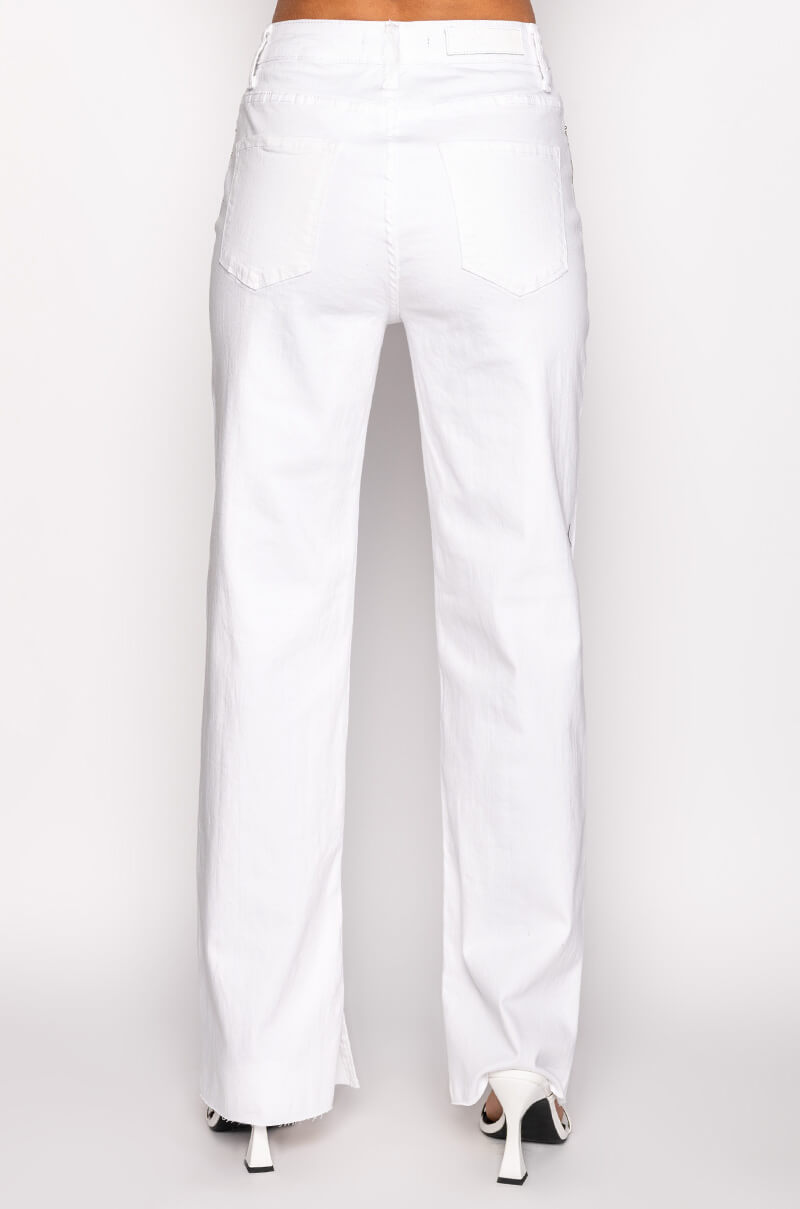 MOONWALKER RHINESTONE HIGH RISE SIDE SLIT STRAIGHT LEG JEANS