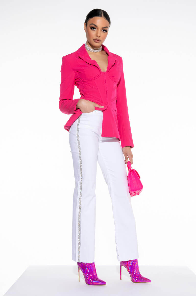 MOONWALKER RHINESTONE HIGH RISE SIDE SLIT STRAIGHT LEG JEANS