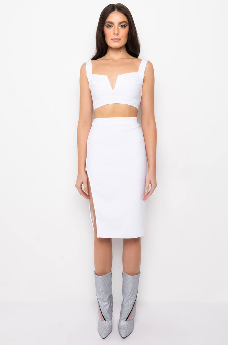 NO SLEEP HIGH SLIT BANDAGE MIDI SKIRT
