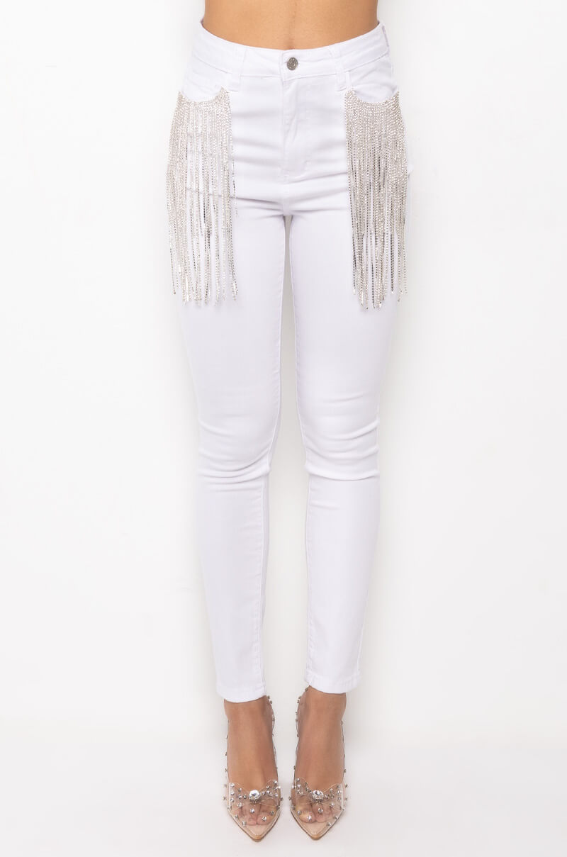 NOTHIN BETTER RHINESTONE POCKET SKINNY JEANS