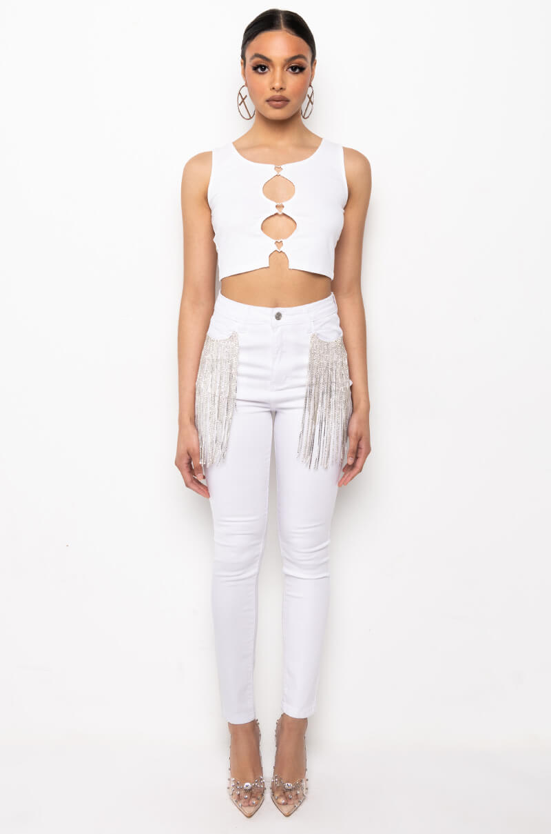 NOTHIN BETTER RHINESTONE POCKET SKINNY JEANS