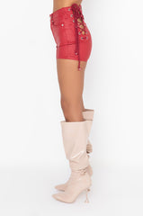 ON-DUTY VEGAN LEATHER LACE UP SHORTS