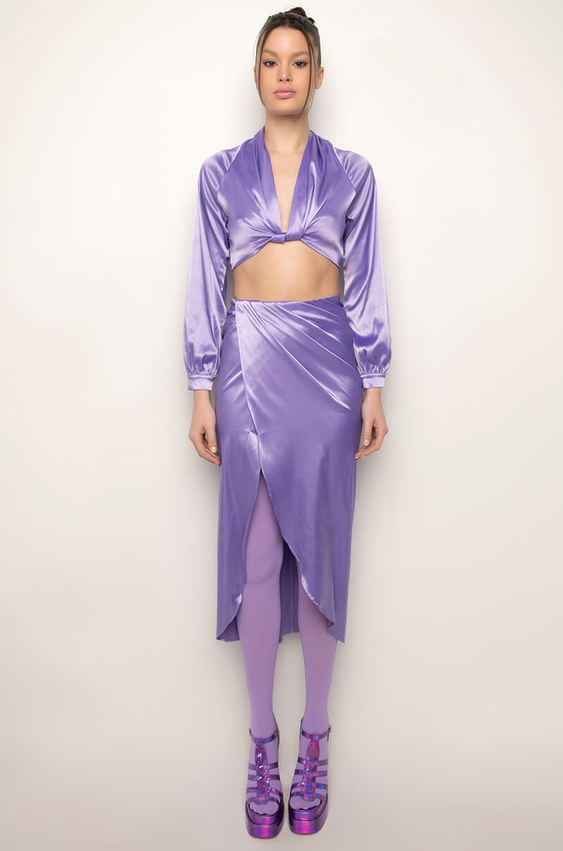 ON MY LEVEL WRAP FRONT SATIN MIDI SKIRT