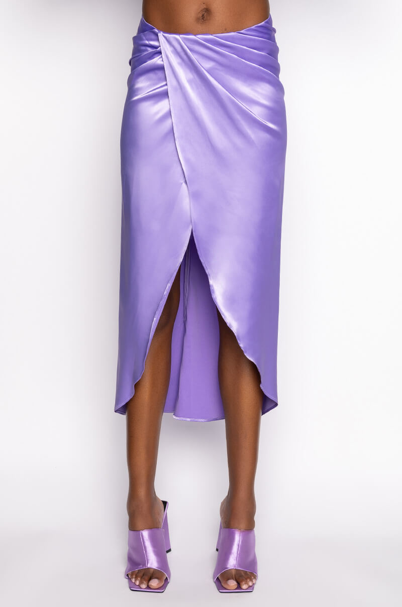 ON MY LEVEL WRAP FRONT SATIN MIDI SKIRT