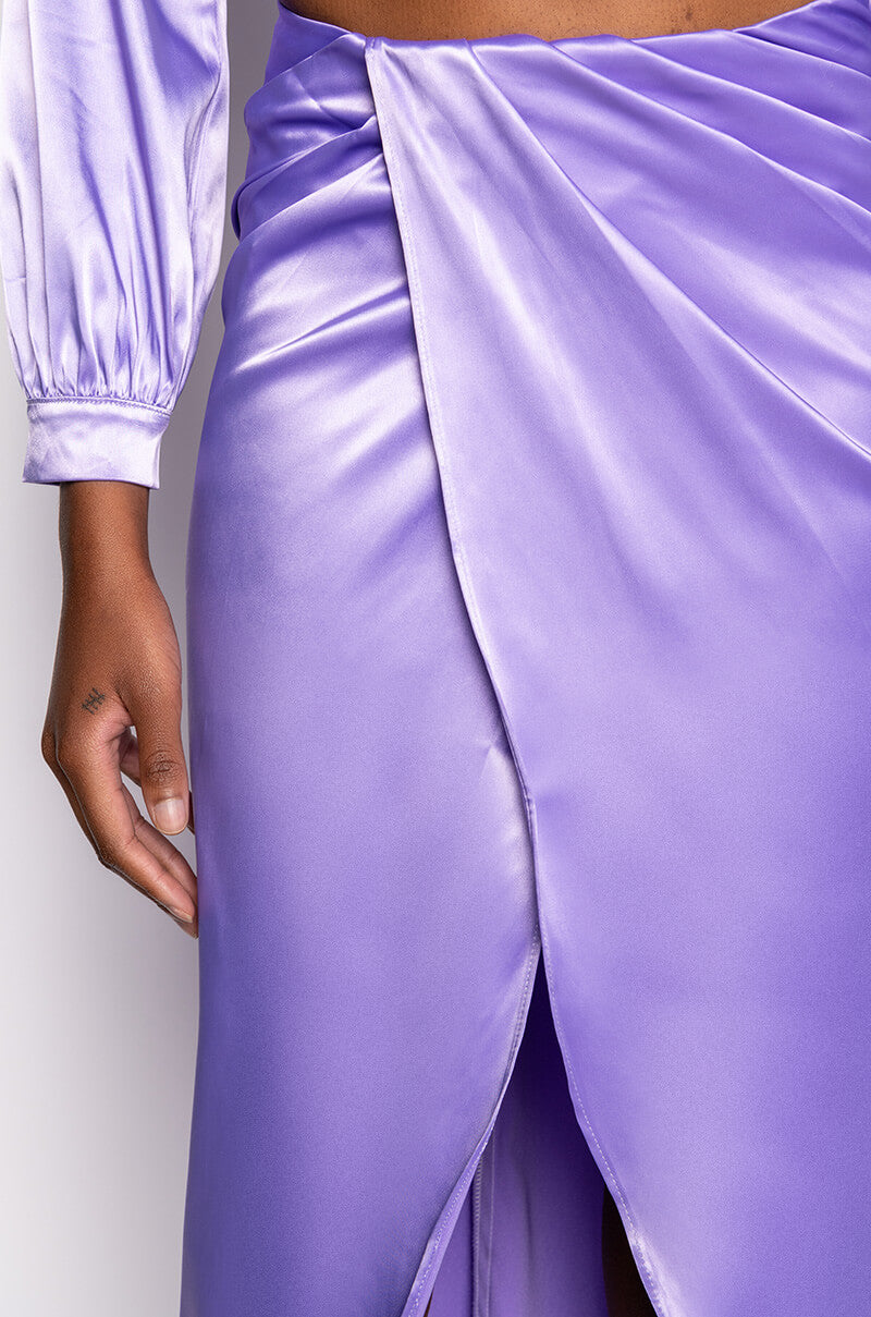 ON MY LEVEL WRAP FRONT SATIN MIDI SKIRT