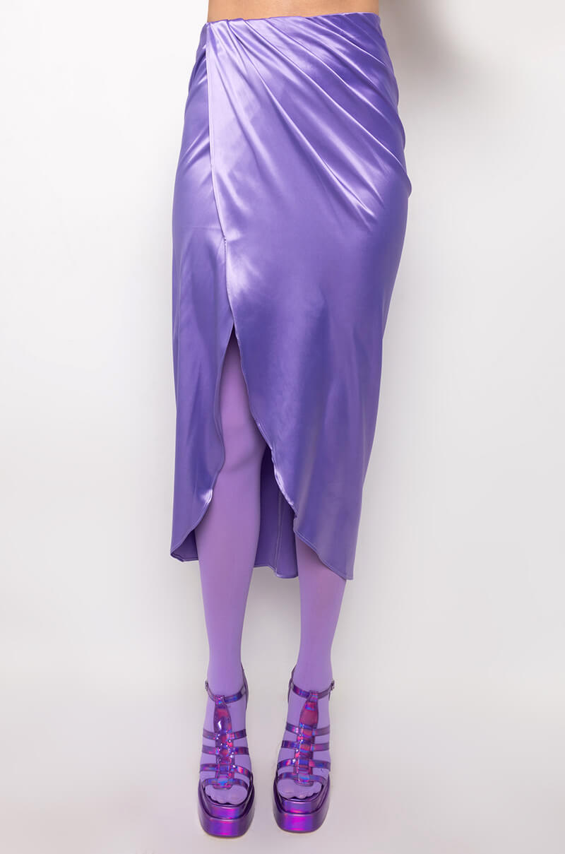 ON MY LEVEL WRAP FRONT SATIN MIDI SKIRT
