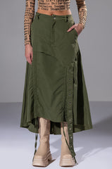 ON THE GO CINCHED OLIVE MIDI SKIRT