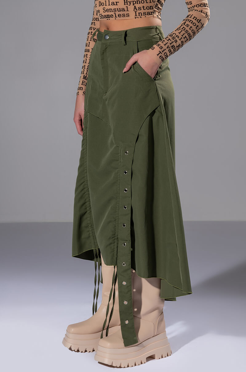 ON THE GO CINCHED OLIVE MIDI SKIRT