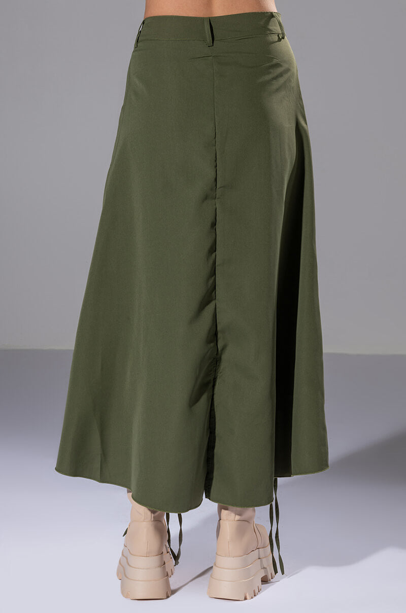ON THE GO CINCHED OLIVE MIDI SKIRT