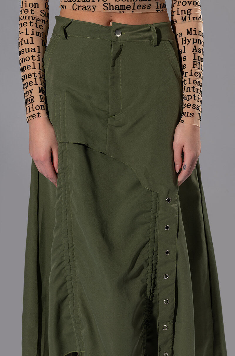 ON THE GO CINCHED OLIVE MIDI SKIRT