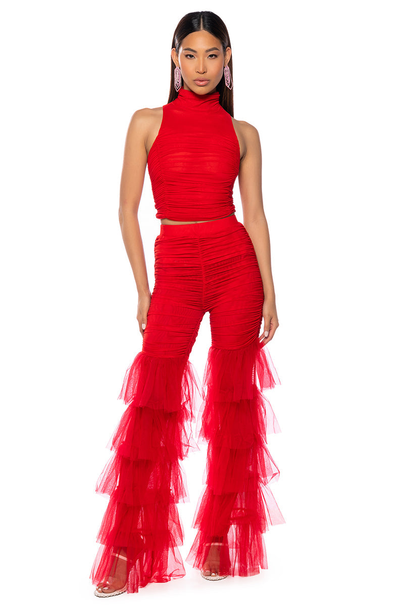 SAMMIE CINCHED MESH FLARE LEG PANT IN RED