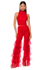 SAMMIE CINCHED MESH FLARE LEG PANT IN RED
