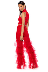 SAMMIE CINCHED MESH FLARE LEG PANT IN RED