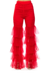 SAMMIE CINCHED MESH FLARE LEG PANT IN RED