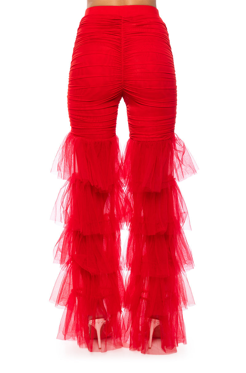 SAMMIE CINCHED MESH FLARE LEG PANT IN RED