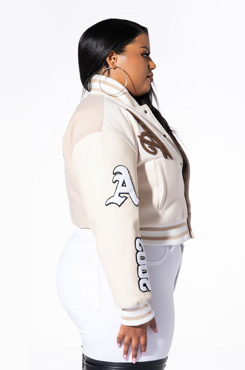 PLUS AZALEA WANG BEIGE RUELA VARSITY JACKET