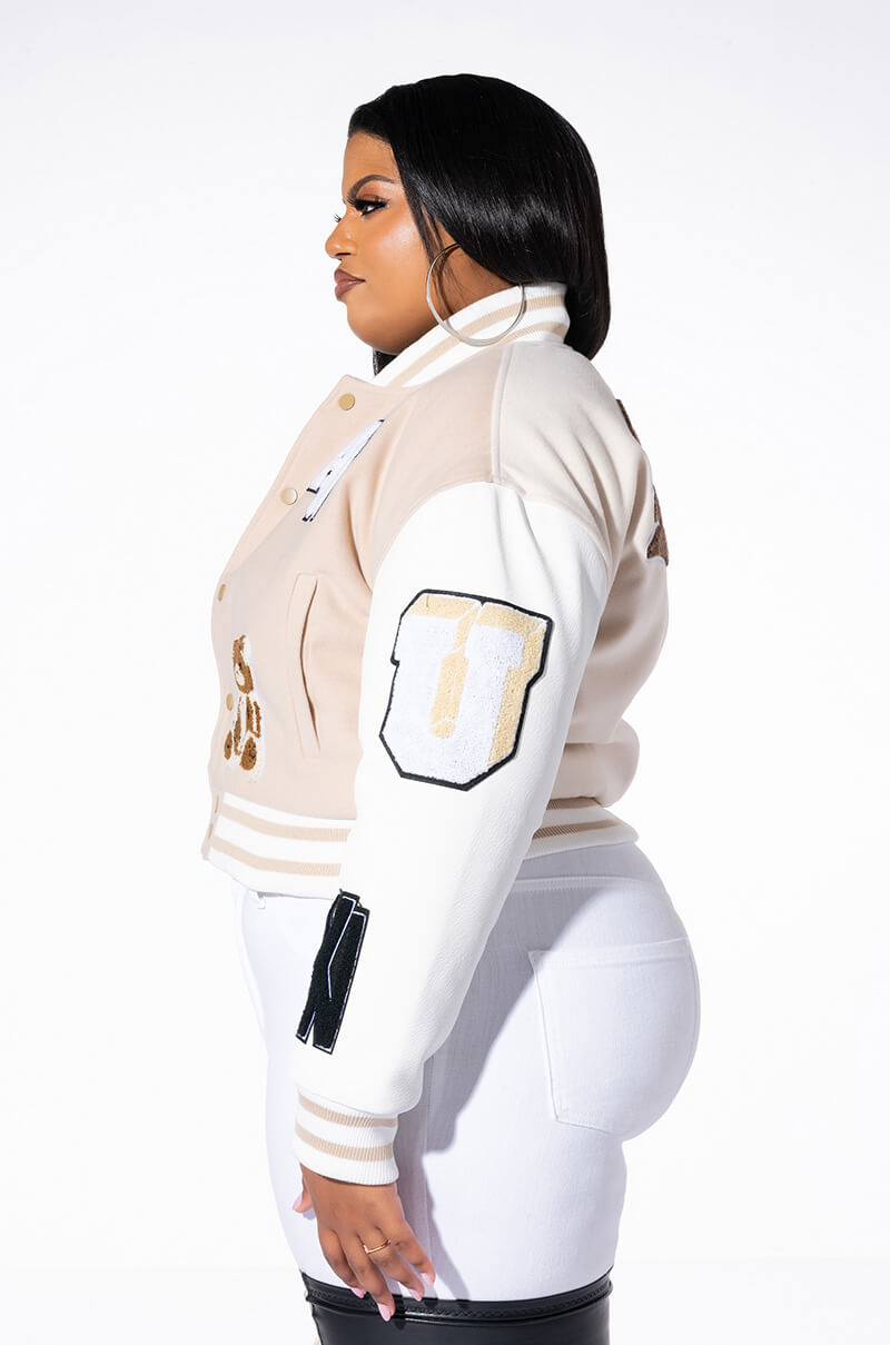 PLUS AZALEA WANG BEIGE RUELA VARSITY JACKET
