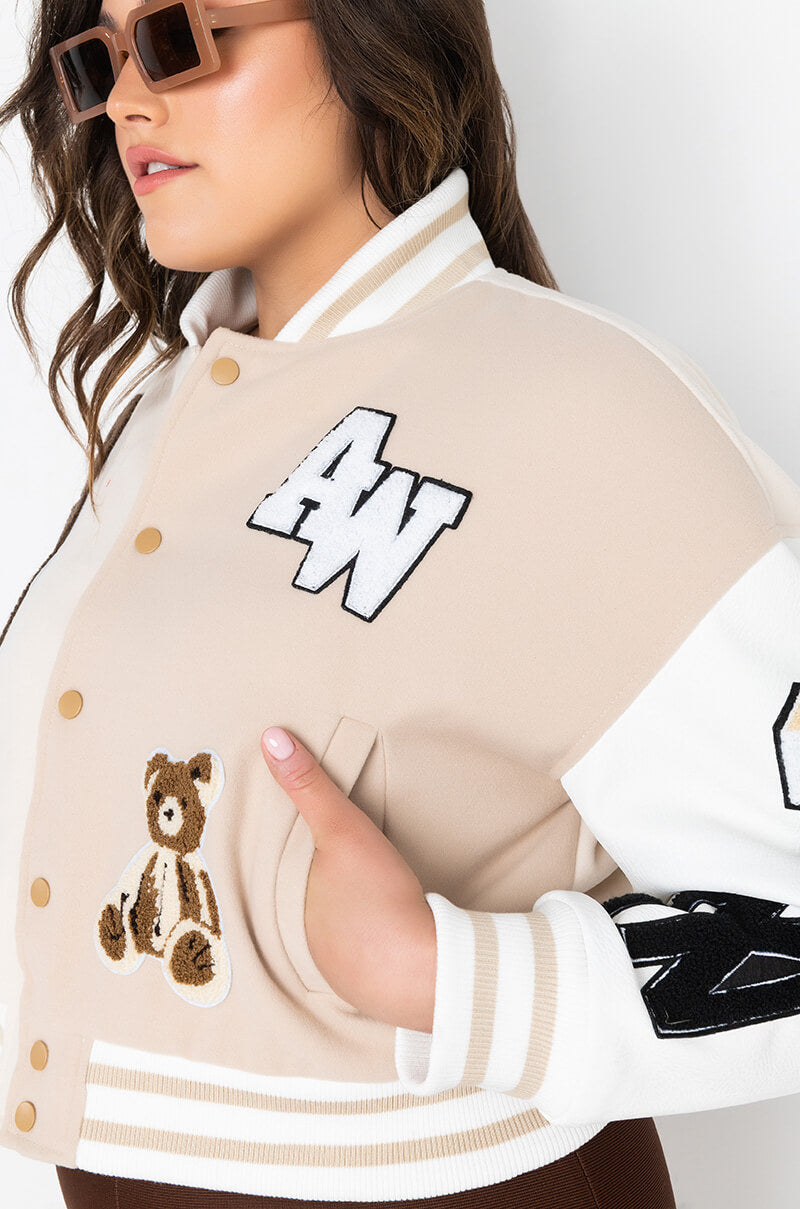 PLUS AZALEA WANG BEIGE RUELA VARSITY JACKET