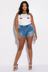 PLUS DONT STOP ME HIGH RISE RHINESTONE STRIPE DENIM SHORTS