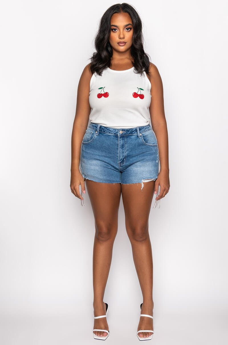 PLUS DONT STOP ME HIGH RISE RHINESTONE STRIPE DENIM SHORTS