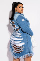 PLUS LONG DENIM JACKET WITH DISTRESSING