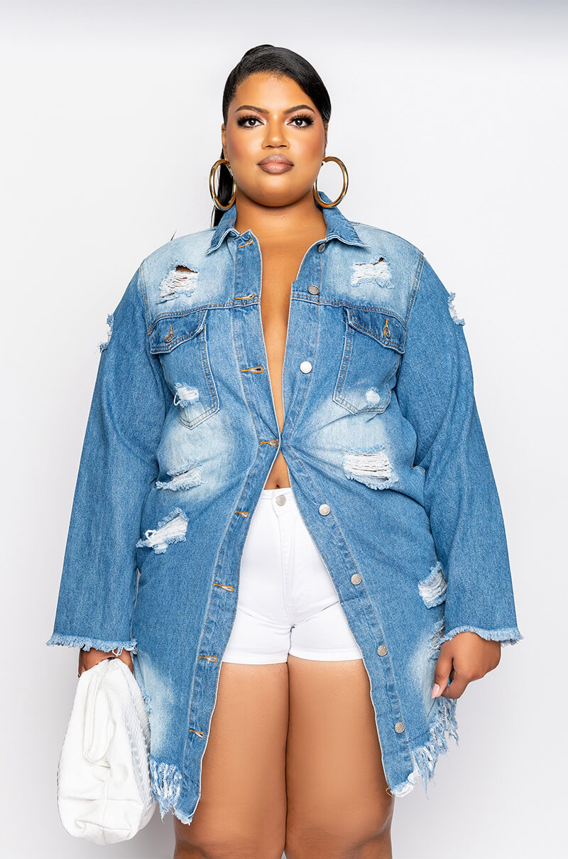 PLUS LONG DENIM JACKET WITH DISTRESSING