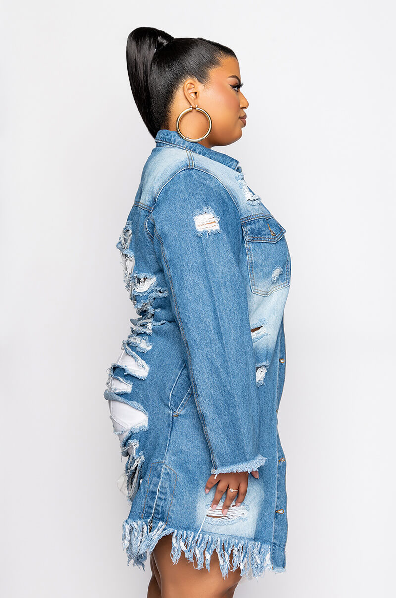 PLUS LONG DENIM JACKET WITH DISTRESSING