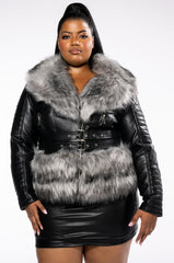 PLUS NEVER CARED FAUX FUR PEPLUM MOTO