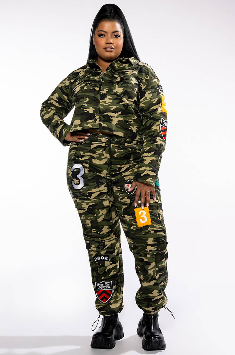 PLUS WHATEVER CAMO BOMBER JACKET