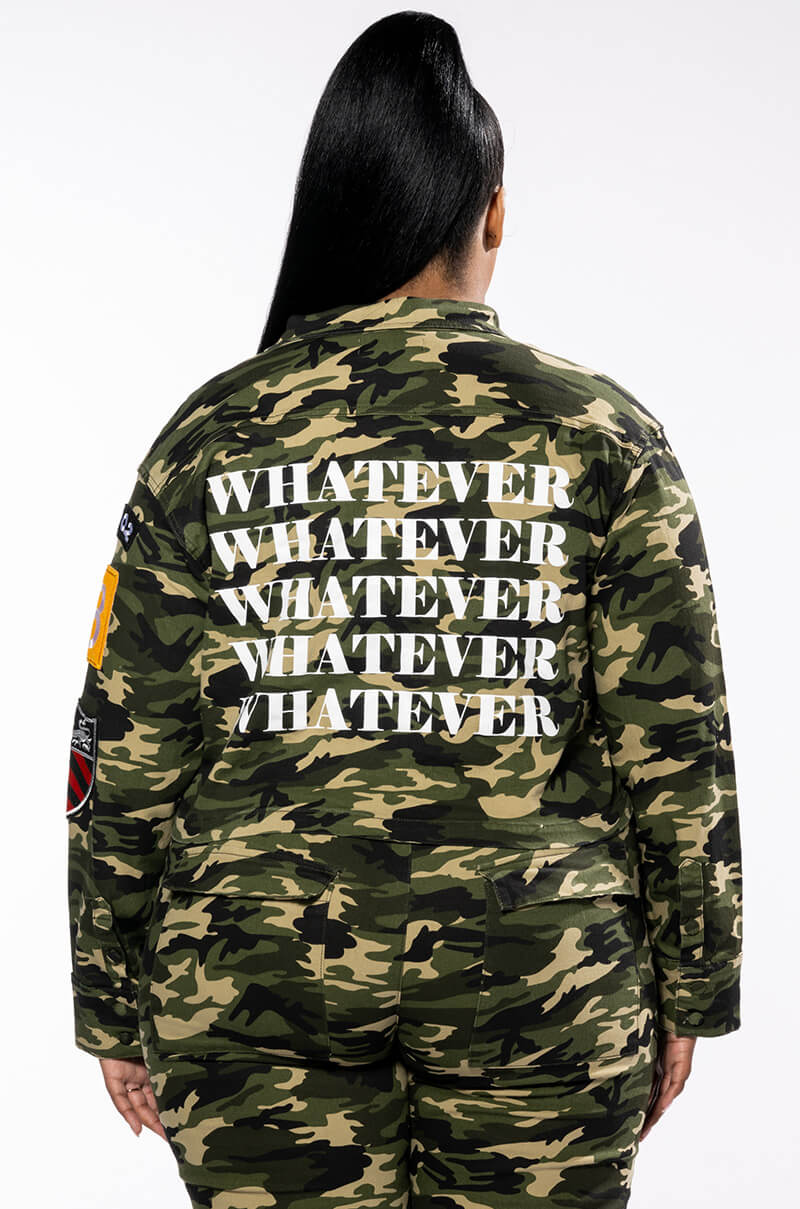 PLUS WHATEVER CAMO BOMBER JACKET