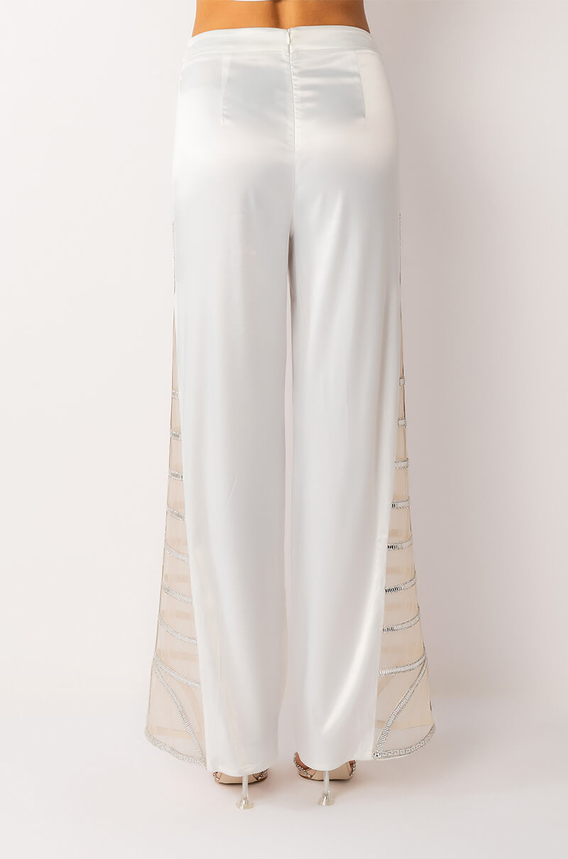 PREMIER RHINESTONE MESH PANEL SATIN WIDE LEG PANT
