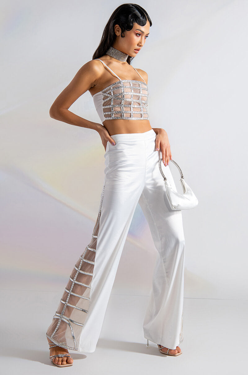 PREMIER RHINESTONE MESH PANEL SATIN WIDE LEG PANT