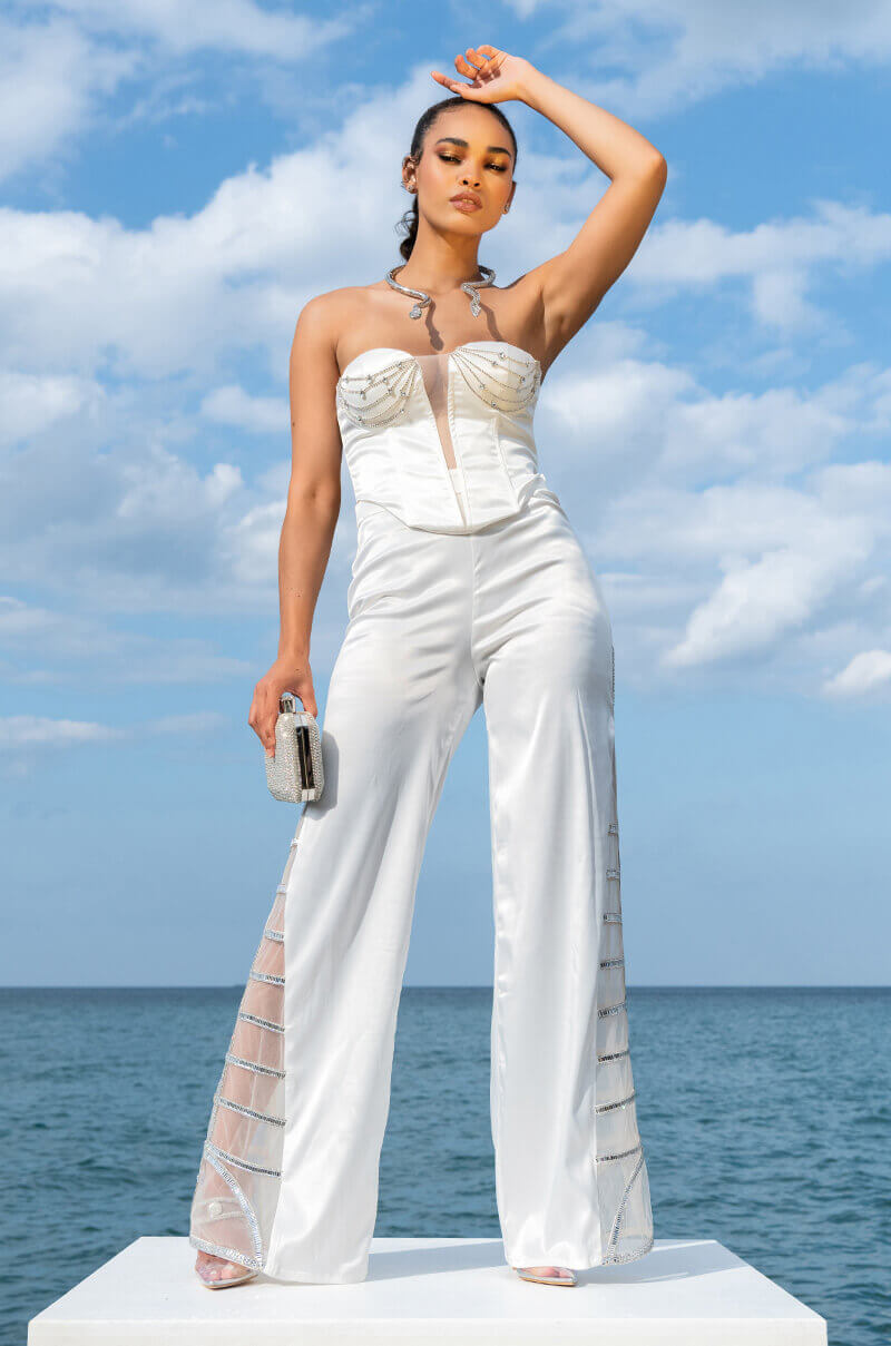 PREMIER RHINESTONE MESH PANEL SATIN WIDE LEG PANT