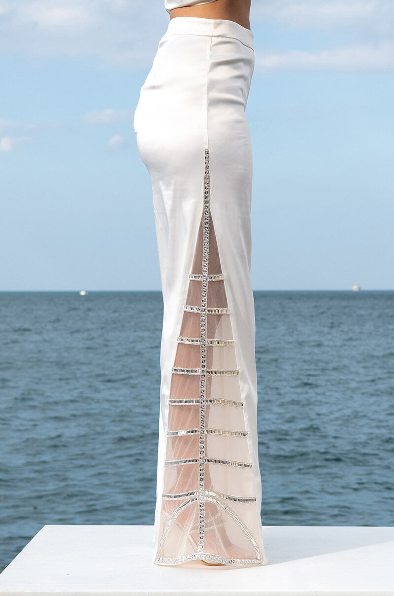 PREMIER RHINESTONE MESH PANEL SATIN WIDE LEG PANT