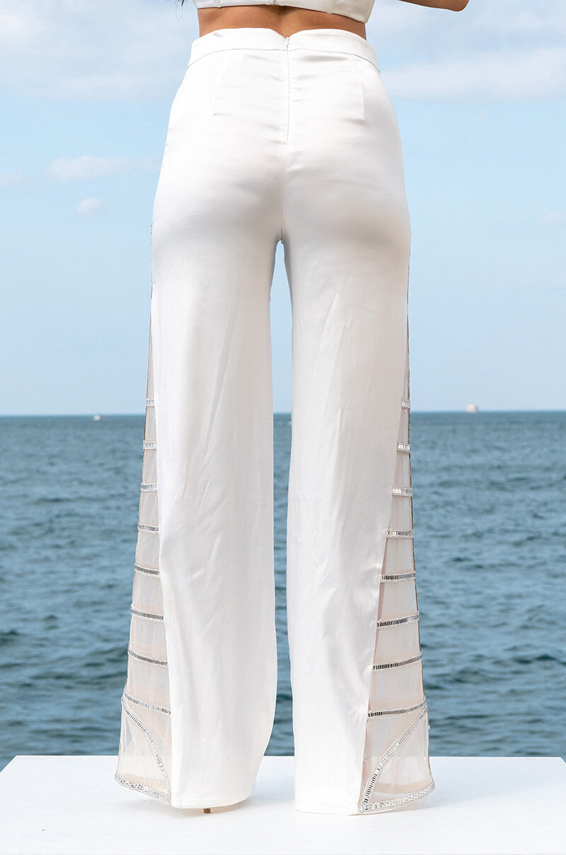 PREMIER RHINESTONE MESH PANEL SATIN WIDE LEG PANT