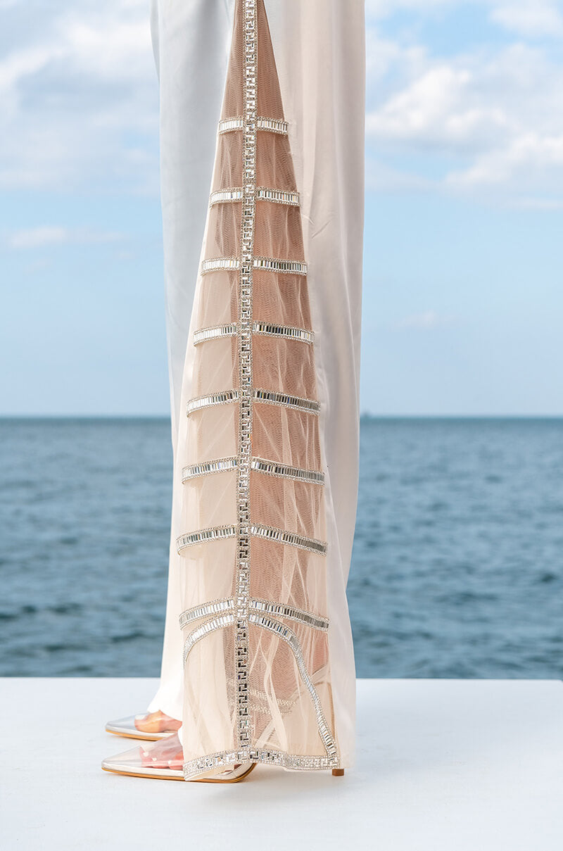 PREMIER RHINESTONE MESH PANEL SATIN WIDE LEG PANT